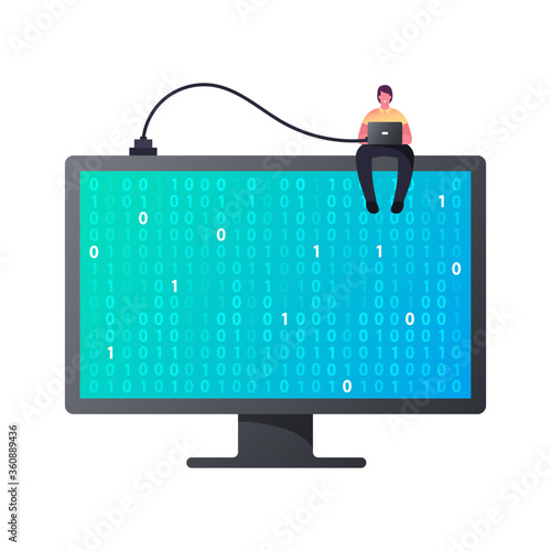Tiny Male Character Sitting on Huge Computer Monitor with Binary Code on Desktop Screen with Laptop in Hands. Programmer Coding or Encrypt Information, Online Security. Cartoon Vector Illustration