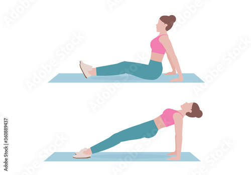 Young woman doing exercises. woman in pink shirt and a blue Long legs. Step by step instruction for doing Reverse Plank. Sports silhouettes. Fitness and health concepts.