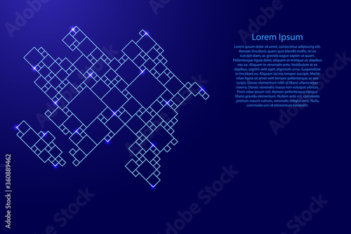 Azerbaijan map from blue pattern composed puzzles and glowing space stars. Vector illustration.