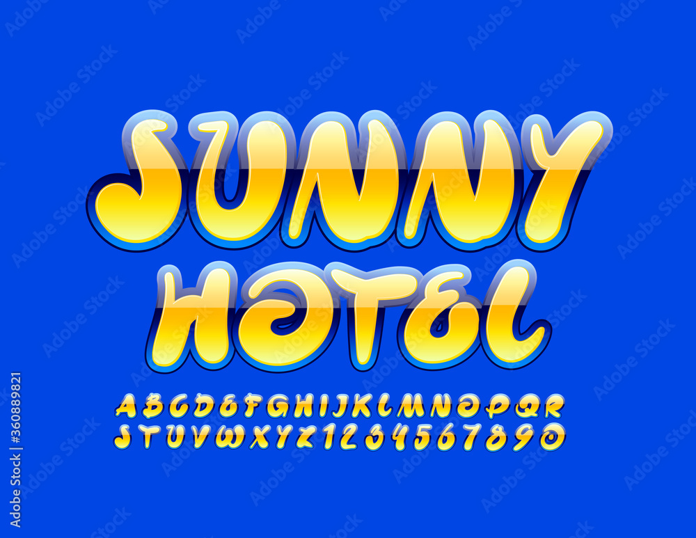 Vector creative banner Sunny Hotel with Blue and Yellow Glossy Font. Artistic Alphabet letters and Numbers