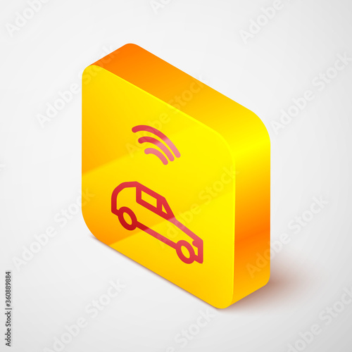 Isometric line Smart car system with wireless connection icon isolated on grey background. Yellow square button. Vector.