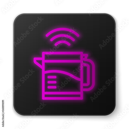 Glowing neon line Smart electric kettle system icon isolated on white background. Teapot icon. Internet of things concept with wireless connection. Black square button. Vector.