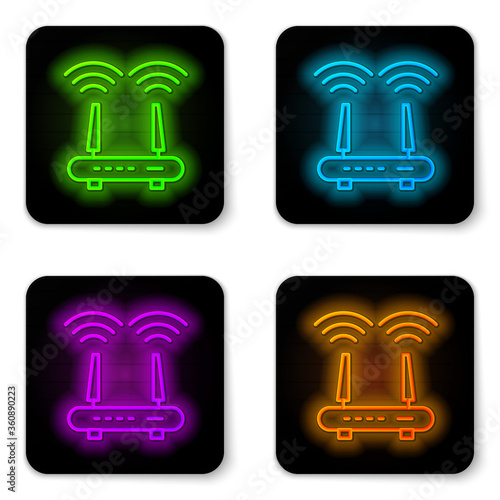 Glowing neon line Router and wi-fi signal icon isolated on white background. Wireless ethernet modem router. Computer technology internet. Black square button. Vector.