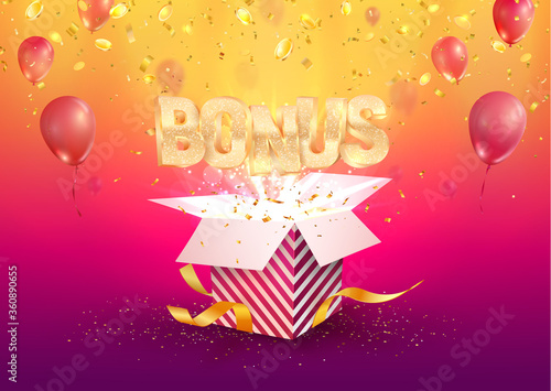 Bonus banner flying off the textured gift box on bright background. Winning prize vector illustration photo