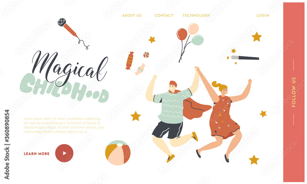 Obraz premium Children Party, Birthday Celebration Landing Page Template. Happy Kids Characters Dance and Jumping with Hands Up. Friends Boy and Girl Celebrate Event with Animator. Linear People Vector Illustration