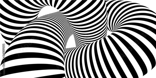 Abstract background with lines on white. Black and white monochrome stripes banner. 3D knot torus with lines effect. Vector Illustration.