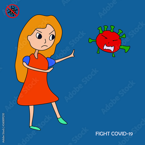 A kids drawing of a young girl fighting the covid-19 virus bravely. Vector illustration concept