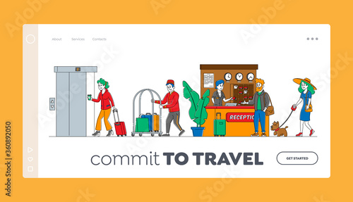 Hospitality, Characters Arrive and Leave Hotel Landing Page Template. People at Reception Take Keys from Room at Clerk Desk. Lobby Staff Meet Guests. Bellboy Carry Luggage. Linear Vector Illustration