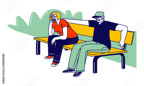 Senior Couple Characters Sitting Together on Bench at Nature Landscape Background. Elderly People Walk Outdoor, Family Love, Sparetime. Old Man and Woman Loving Relation. Linear Vector Illustration