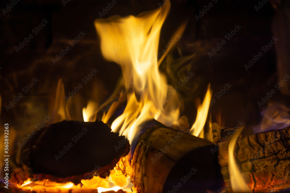 Firewood burns in the stove. Bright flame of fire.