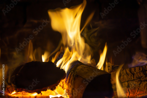 Obraz na płótnie Firewood burns in the stove. Bright flame of fire. w salonie