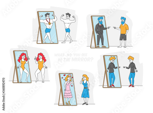 Set of People Looking at Mirror Reflection. Self-assessment and Personal Appearance Concept. Male and Female Characters Admire or Horrified with their Image in Mirror. Linear Vector Illustration