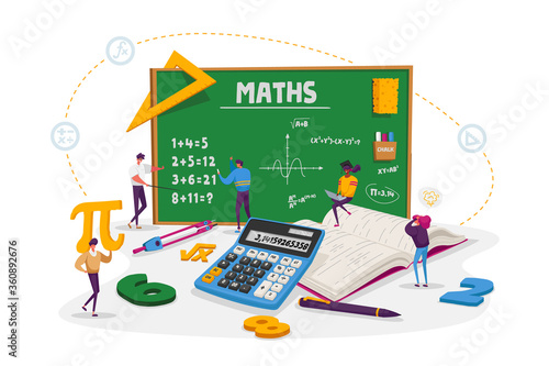 Math Science Concept. Tiny Male and Female Students Characters in Lab or School Class Learning Mathematics at Huge Blackboard. People Gaining Education and Writing Formula. Cartoon Vector Illustration