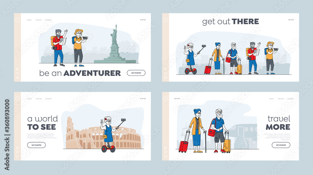 Active Pensioners Trip Landing Page Template Set. Senior Tourists in Foreign City Using Mobile for Making Selfie. Old Characters Use Smart Technologies in Traveling. Linear People Vector Illustration