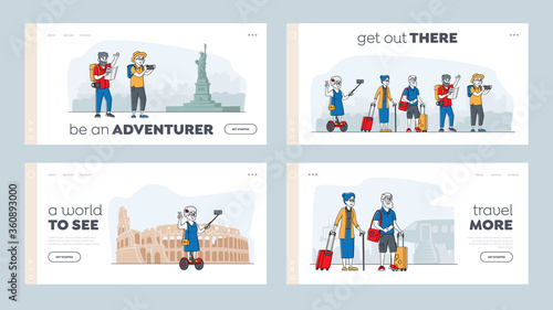 Active Pensioners Trip Landing Page Template Set. Senior Tourists in Foreign City Using Mobile for Making Selfie. Old Characters Use Smart Technologies in Traveling. Linear People Vector Illustration