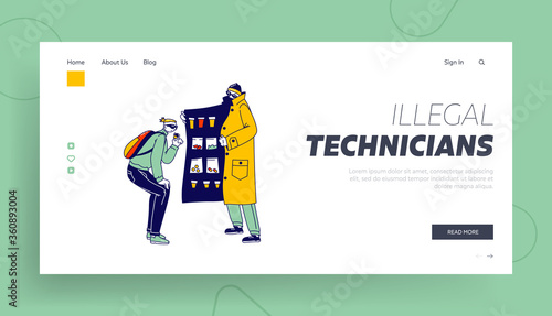 Man Buying Prohibited Drugs on Illegal Market Landing Page Template. Retailer Gangster Character Sell Drugs to Young Male Customer. Commercial Channel Concept. Linear People Vector Illustration