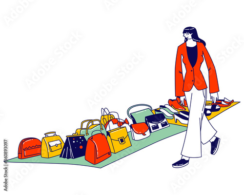 Young Woman Choose Shoes and Bags in Store. Pretty Girl Shopaholic Character Choose Accessories on Illegal Market, Garage Sake or Shopping Mall. Customer Spare Time. Linear Vector Illustration