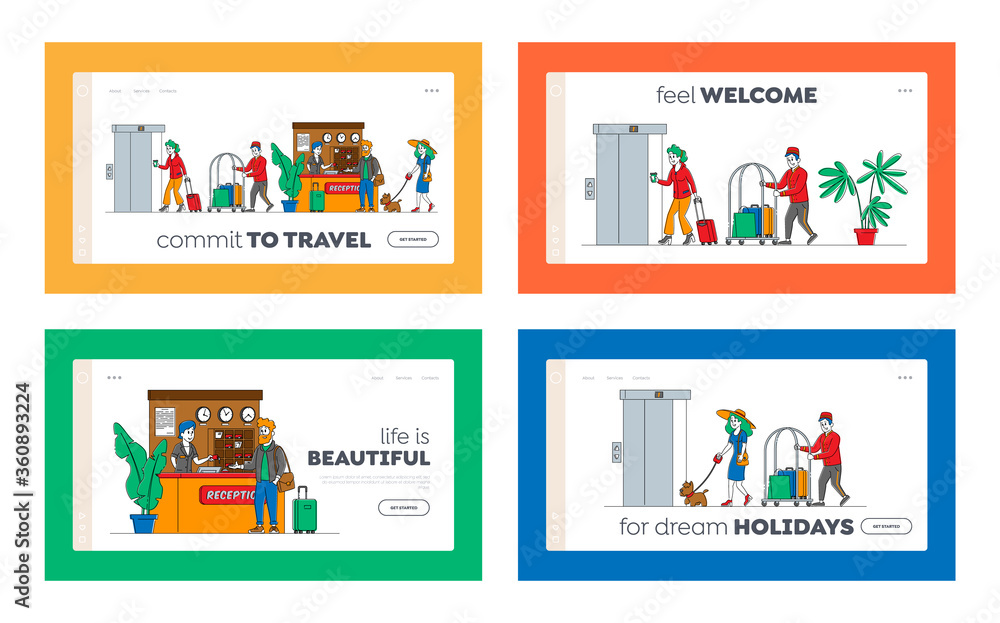 Hospitality Landing Page Template Set. Characters Arrive, Leave Hotel People at Reception Take Keys from Room at Clerk Desk. Lobby Staff Meet Guests, Bellboy Carry Luggage. Linear Vector Illustration