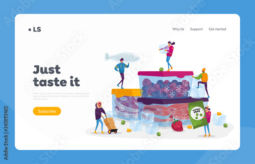 Frozen Food, Healthy Eating Landing Page Template. Tiny Male and Female Characters Buying and Cooking Natural Iced Products Fresh Vegetables, Fruits Meat and Fish. Cartoon People Vector Illustration