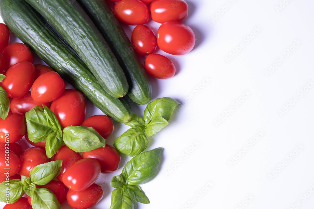 fresh tomatoes, basil and cucumbers fresh tomatoes, basil and cucumbers