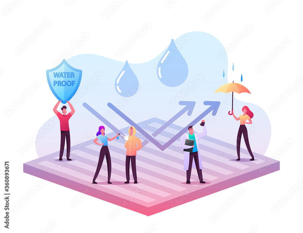 Waterproof Clothes Concept. Tiny Male Female Characters Stand on Huge Water Proof Coating with Umbrella and Falling Rain Drops. New Technologies, Impregnated Fabric. Cartoon People Vector Illustration Waterproof Clothes Concept. Tiny Male Female Characters Stand on Huge Water Proof Coating with Umbrella and Falling Rain Drops. New Technologies, Impregnated Fabric. Cartoon People Vector Illustration