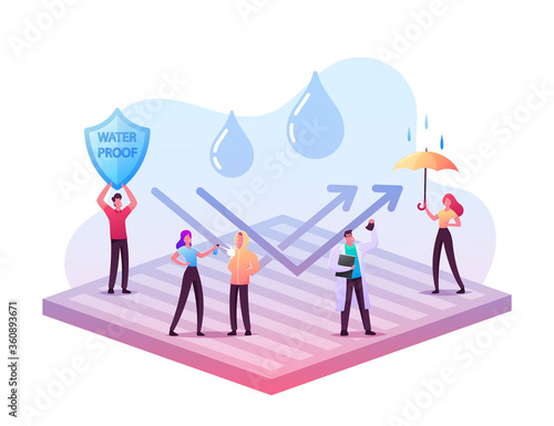 Waterproof Clothes Concept. Tiny Male Female Characters Stand on Huge Water Proof Coating with Umbrella and Falling Rain Drops. New Technologies, Impregnated Fabric. Cartoon People Vector Illustration