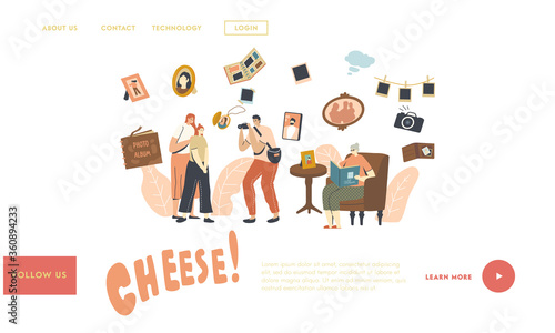 Family Photo Landing Page Template. Mother and Daughter Characters Visit Salon for Make Photography. Senior Woman Sit with Album in Hands Watching Pictures from Past. Linear People Vector Illustration