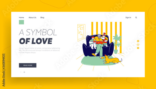 Grandfather Reading Book to Children Landing Page Template. Happy Family Characters Grandparent with Kids Spend Time at Home. Boy and Girl Listening Fairytale. Linear People Vector Illustration