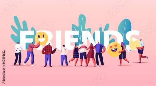 Friendship and Friends Concept. Tiny People Group with Huge Smiles Smiling and Laughing Together. Characters in Good Relations, Togetherness, Happiness Poster Banner Flyer. Cartoon Vector Illustration