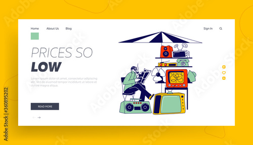 Male Character Sell Old Technique on Flea Market or Garage Sale Landing Page Template. Seller Sit on Chair Read Newspaper sell Vintage Tv, Telephone, Tape Recorder and Fan. Linear Vector Illustration