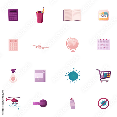 Set of Icons Calculator, Pencils and Book, Money for Travel, Airplane, Globe and Calendar, Sanitizer, Coronavirus Cell and Shopping Cart, Helicopter, Aerosol and Covid19. Cartoon Vector Illustration