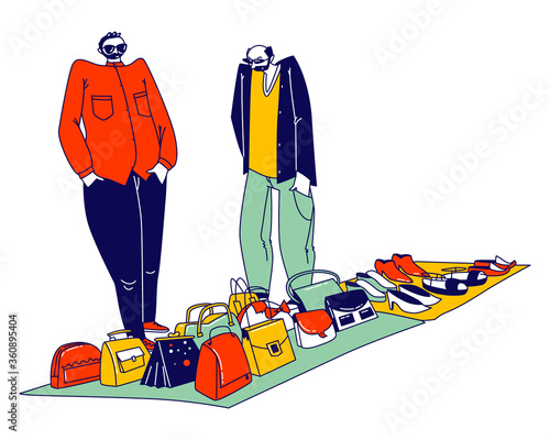 Couple of Illegal Sellers Offer Assortment of Women Bags, Shoes and Accessories on Illegal or Flea Market. Hucksters Male Characters of Suspicious Appearance Sale. Linear People Vector Illustration