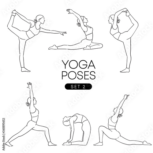 Black hand drawn illustration of a girl in many different yoga poses isolated on white background : Vector illustration