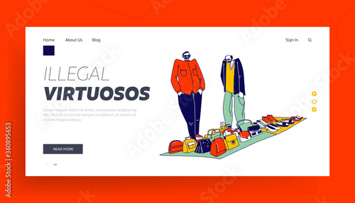 Hucksters Male Characters Sale Goods Landing Page Template. Couple of Illegal Sellers Offer Assortment of Women Bags, Shoes and Accessories on Illegal or Flea Market. Linear People Vector Illustration photo