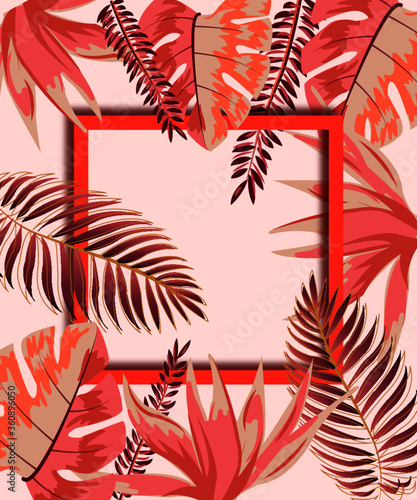 seamless pattern with leaves in shades of red and frame