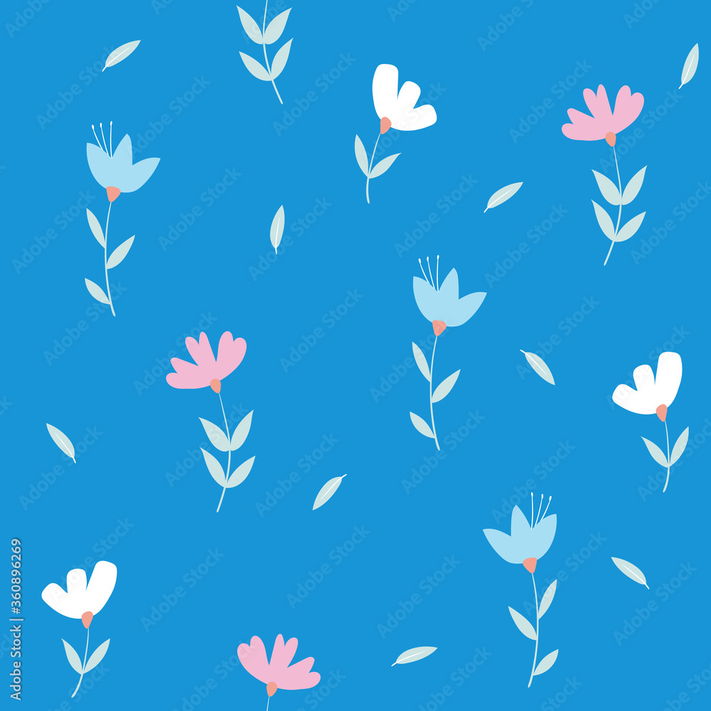 Seamless pattern with cute flowers and leaves. Floral vector pattern on a blue background. For fabric, Wallpaper, wrapping paper. Seamless pattern with cute flowers and leaves. Floral vector pattern on a blue background. For fabric, Wallpaper, wrapping paper.