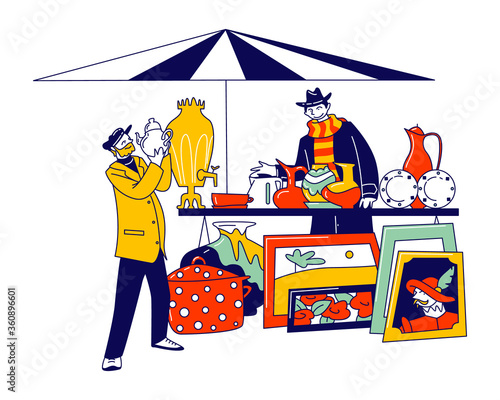 Male Character Visiting Flea Market or Garage Sale Choose Vintage Teapot for Buying. Seller Offer Old Antique Things Standing on Table. Second Hand Retro Stuff. Linear People Vector Illustration