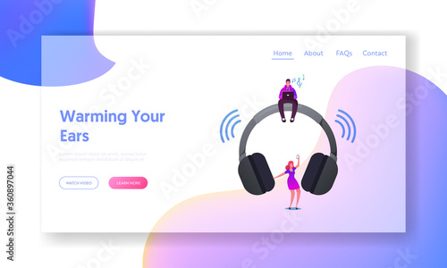 Man and Woman Listen Music on Player or Mobile Phone Using Wireless Headphones Landing Page Template. Tiny Young Characters Enjoying Sound, Dancing and Relaxing. Cartoon People Vector Illustration