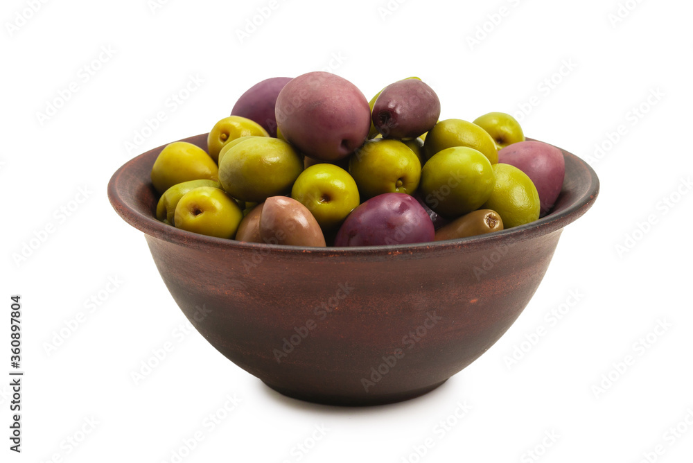Olives in ceramic brown bowl isolated on white Olives in ceramic brown bowl isolated on white