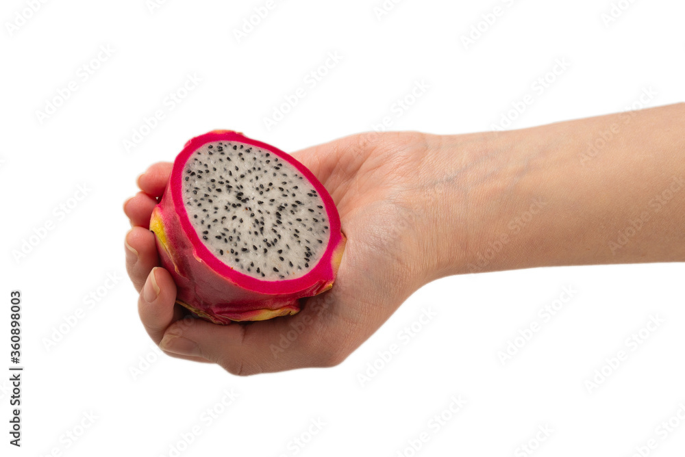 Sweet tasty dragon fruit or pitaya in woman hand isolated. Sweet tasty dragon fruit or pitaya in woman hand isolated.