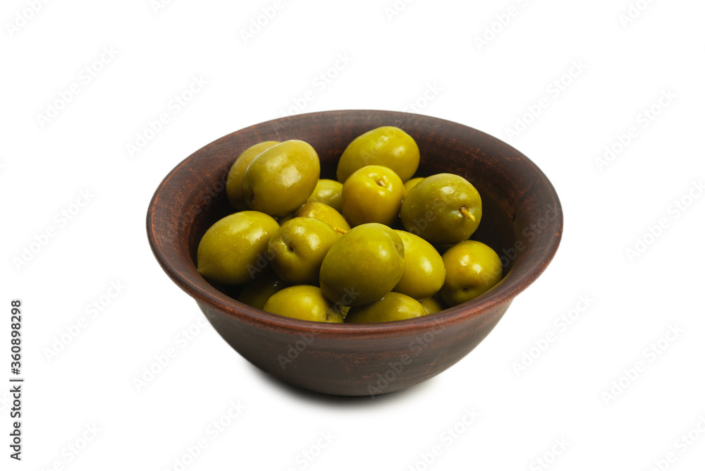 Olives in ceramic brown bowl isolated on white Olives in ceramic brown bowl isolated on white