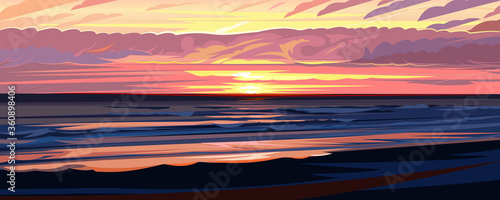 Evening beach sunset, sunrise in ocean. Coastal waves, pink clouds. Summer nature landscape. Seaside view horizon. Cartoon flat style. Beautiful nature landscape background. Evening, morning seascape.