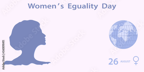 Globe, female face, august 26 - light background - vector. Banner. Women's Equality Day