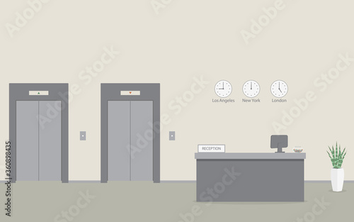 Administrator workplace in hotel or bank with elevators. Interior of a modern reception desk in the waiting room or lobby of business office with lifts .Vector flat illustration