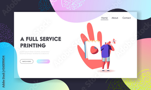 Artist Selling Drawings Landing Page Template. Male Character with Loudspeaker and Painting of Strawberry in Album Offering his Art for Buying, Masterclass Announcement. Cartoon Vector Illustration