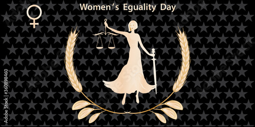 Woman holds scales of justice and sword - starry dark background - vector. Banner. Women's Equality Day