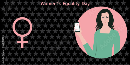 Woman with a phone in her hand, on the screen the inscription August 26 - starry dark background - vector. Banner. Women's Equality Day