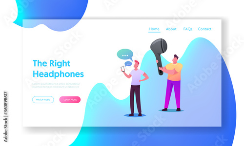 Wireless Headphones Landing Page Template. Young People Listen Music on Mobile Phone. Tiny Characters with Huge Earbuds and Mobile Enjoying Sound, Communicate. Cartoon People Vector Illustration
