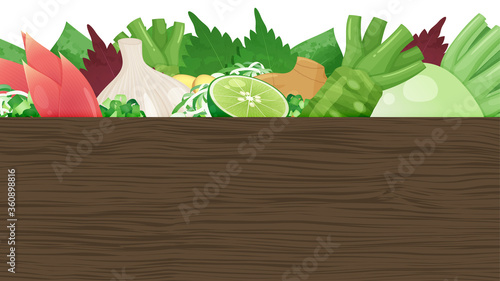 薬味の野菜と木の板の背景イラスト_茶_16:9