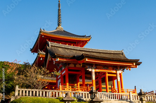 One of the orange buddhist temple buildings in Kiyomizu-dera Temple complex in Kyoto, Japan, autumn